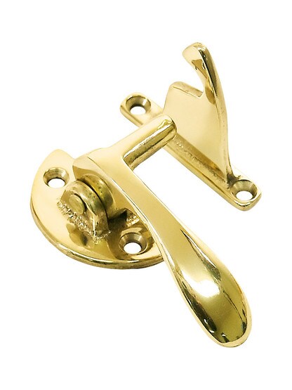 Solid Brass Offset Left-Hand Hoosier Latch - 3/8 inch Offset in Un-Lacquered Brass.
